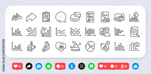 Charts and Diagrams line icons. Social media: share, comment, like icons. Report, Block diagram, 3D Chart and Dot Plot graph linear icons. Trend, Pyramid and Pie chart report symbols. Vector