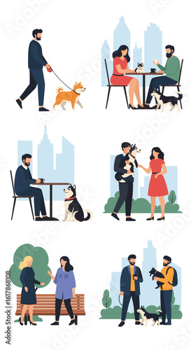 Urban lifestyle scenes featuring people interacting with dogs in city settings
