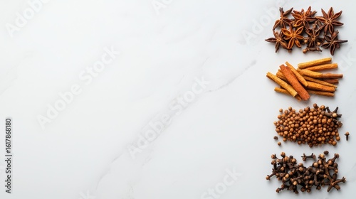 Wallpaper Mural Spices color palette of cumin, coriander, and clove arranged in neat piles, earthy tones on a marble surface, copy space on the right, advertising background Torontodigital.ca