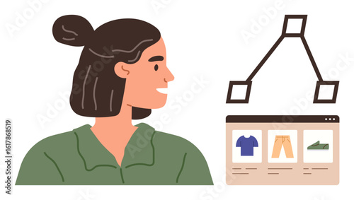 Woman viewing e-commerce site showcasing clothing items, adjacent to data flow diagram. Ideal for e-commerce, online shopping, product discovery, tech, decision-making, retail, simple flat metaphor