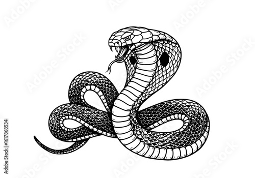 Striking Cobra Illustration with Hood Displayed and Forked Tongue.