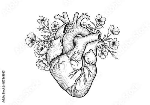 Anatomical Heart with Floral Embellishments Detailed Line Art Illustration.