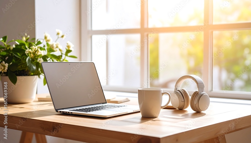 Fototapeta premium Laptop notebook coffee cup and headphones on wooden desk near window with sunlight and plant