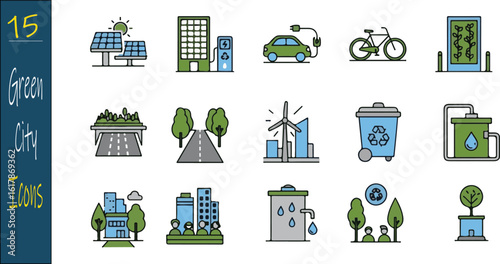 Green city thin line icons set. Symbols of sustainable development, eco friendly lifestyle, and renewable energy for urban environments.