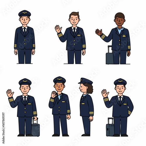 Diverse cartoon pilots in uniform. Male and female aviators smiling, waving, and with luggage, representing a range of flight crew characters.