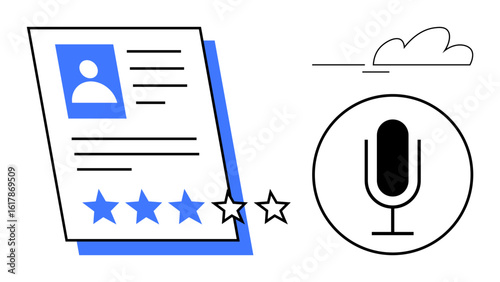 Document with user profile, photo, text lines, and stars alongside a microphone icon. Ideal for performance review, user survey, feedback gathering, podcast topic, online rating career assessment