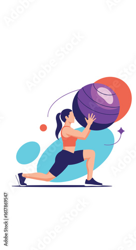 Woman performing a dynamic lunge exercise with a large stability ball for core strength and balance training