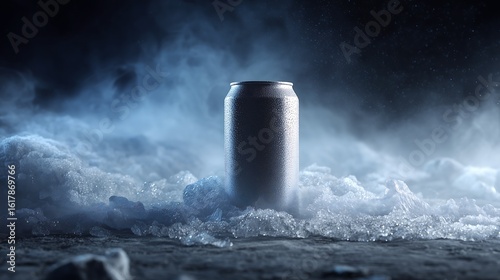 Frosted Aluminum Can Buried in Crushed Ice on a Dark Background