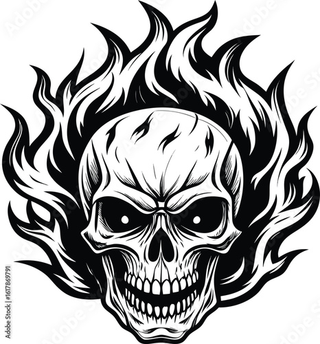 Scary gothic human skull and crossbones illustration with wings and fire, a symbol of danger, death, and rock 'n' roll, perfect for Halloween vector art or tattoo designs