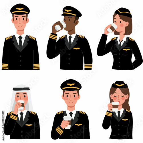 Diverse Airline Crew Illustrations with Coffee Cups: Pilots and Flight Attendants of Various Backgrounds