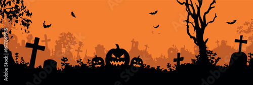 Halloween Graveyard Silhouette Vector Banner
