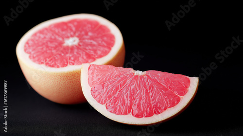 Pink grapefruit slice and half with juicy pulp on black background, fresh citrus fruit with vibrant color and healthy appeal