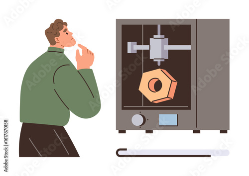 Person contemplating a 3D printer producing a hexagonal object. Ideal for innovation, technology, creativity, engineering, prototyping, problem-solving, future design. Highlights simple flat metaphor