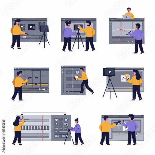 Diverse people engaged in video production and editing, utilizing software interfaces and camera equipment for digital content creation, multimedia projects, and online media.