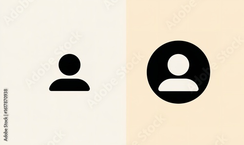 Set of two simple vector icons: a person avatar and a circular frame for a profile picture, on a white background in black color, Generative AI.