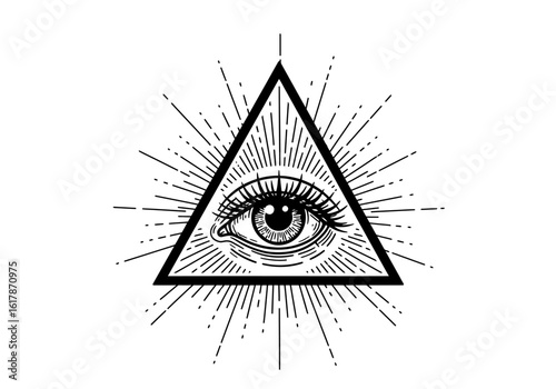 All-Seeing Eye in Triangle with Rays Black and White Illustration.