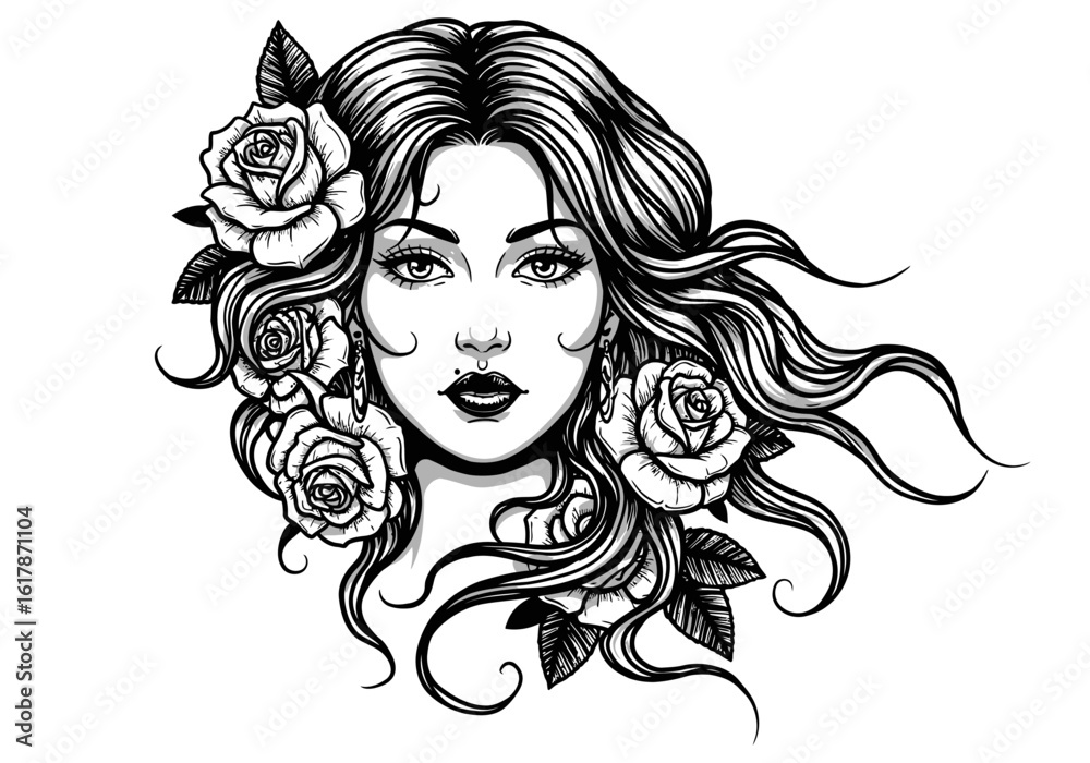 Beautiful Woman with Roses in Hair Black and White Illustration. Beautiful Woman with Roses in Hair Black and White Illustration.