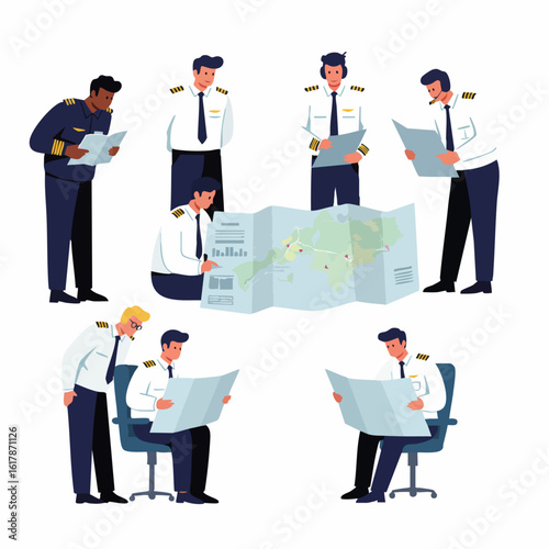 Diverse Pilots in Uniform Reviewing Flight Plans and Maps for Aviation Preparation and Briefing