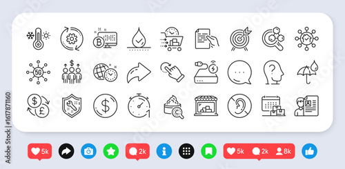 Collagen skin, No hearing and Market line icons pack. Social media: share, comment, like icons. Food delivery, Home facility, Time management web icon. Vector