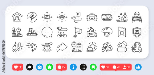 Cash transit, Fake news and Rise price line icons pack. Social media: share, comment, like icons. Delivery report, Push cart, Electric energy web icon. Canister oil, Taxi, Car review pictogram. Vector