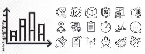 Medical analyzes, Resume document and Certificate line icons for web app. Glare of light effect. Message icon. Pack of Co2, Mental conundrum, High thermometer pictogram icons. Vector