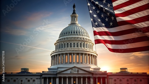 Majestic US Capitol Building with American flag at sunset, symbolizing freedom