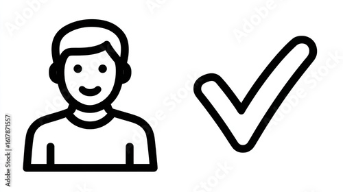 Two simple vector icons depicting a user with a checkmark, against a white background, with black line art, Generative AI.