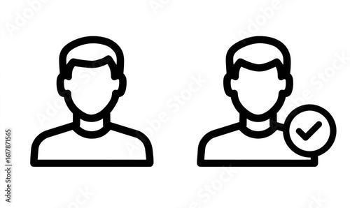 Two simple vector icons depicting a user with a checkmark, against a white background, with black line art, Generative AI.