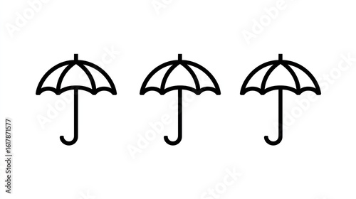 Three icons of umbrellas in different styles: simple line art, vector style, on a white background with black lines, Generative AI.