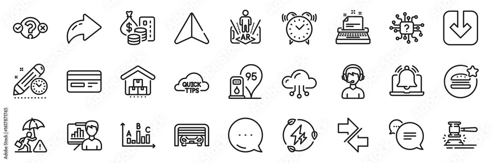 Fototapeta premium Reminder, Presentation board and Parking garage line icons pack. Share, Message, Paper plane icons. Cloud computing, Text message, Auction hammer web icon. Vector