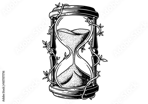 Ornate Hourglass with Vines Black and White Illustration.