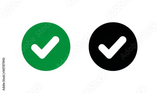 Vector icon of a checkmark in a green circle and a black circle, on a white background. Simple, flat vector design with minimalistic shapes, Generative AI.