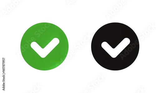 Vector icon of a checkmark in a green circle and a black circle, on a white background. Simple, flat vector design with minimalistic shapes, Generative AI.