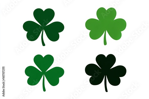 Vector Set of Four-Leaf Clover Icons in Green and Black for St. Patrick’s Day, Flat Design, Generative AI.