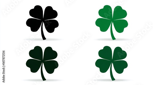 Vector Set of Four-Leaf Clover Icons in Green and Black for St. Patrick’s Day, Flat Design, Generative AI.