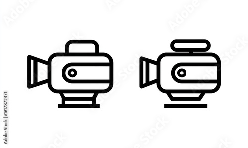 video camera icon, simple line art style, minimalist design, bold black outline, white background, Generative AI.