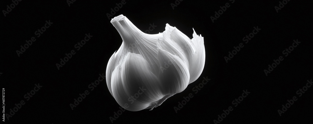 Naklejka premium Dramatic monochrome image of garlic, isolated on black. Conceptual shot for culinary themes, food photography, or healthy lifestyle illustrations. Striking detail.