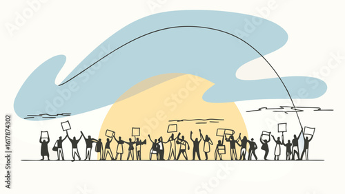 A diverse group of people engaging in a peaceful protest, holding signs and united in their cause under a vibrant sky.