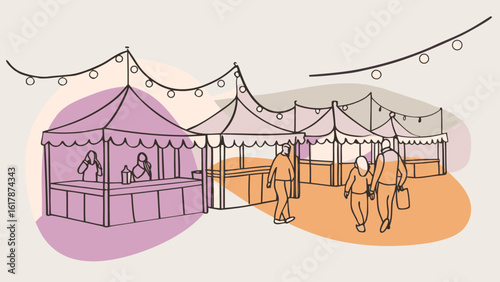 A vibrant market scene featuring colorful tents and people strolling, creating a lively atmosphere.