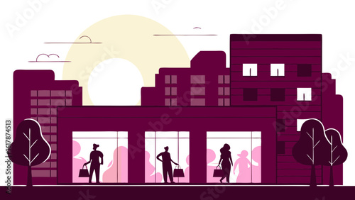 Silhouettes of shoppers outside a modern retail building at sunset, creating a lively urban atmosphere.