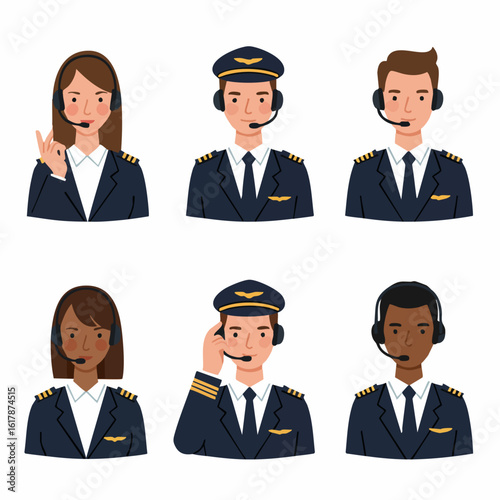 Diverse Aviation Crew with Headsets Communicating, Illustrative Avatars for Flight and Air Traffic Control Professionals