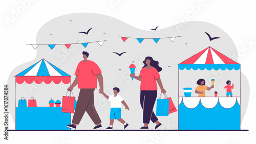 A joyful family outing at a colorful fair, with a father and mother enjoying ice cream while holding hands with their child.