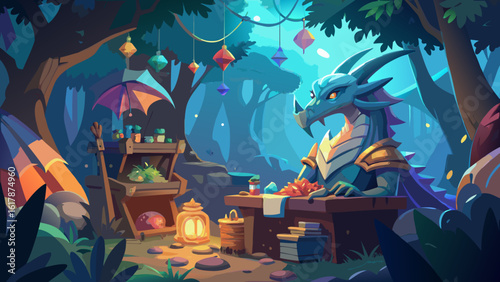 A mystical blue dragon merchant sits at a wooden table in a vibrant enchanted forest.