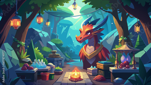 A vibrant fantasy forest scene with a majestic red dragon overlooking a glowing campfire amidst colorful surroundings.