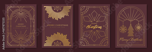 Christmas greeting card vector poster set. Happy new year background template with gold line christmas tree, snowflake and art deco element. Design for season holidays, cover, poster.