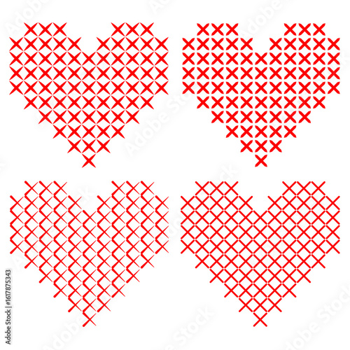 Cross stitch hearts. Embroidery love vector. Red pattern design. Traditional craft symbol. EPS 10.