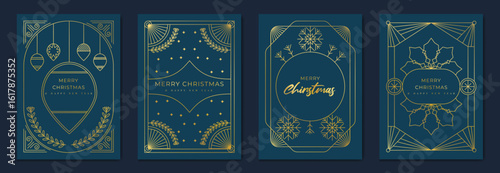 Christmas greeting card vector poster set. Happy new year background template with gold line christmas tree, snowflake, bauble and art deco element. Design for season holidays, cover, poster.