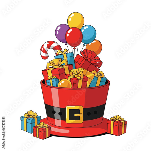 A collection of festive gifts and balloons overflowing from a red Santa hat Christmas Celebration Presents