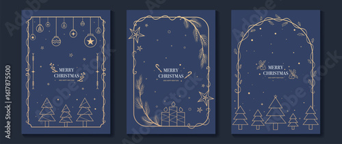 Christmas greeting card vector poster set. Happy new year background template with gold line christmas tree pine leaves bauble candle and art deco element. Design for season holidays, cover, poster.