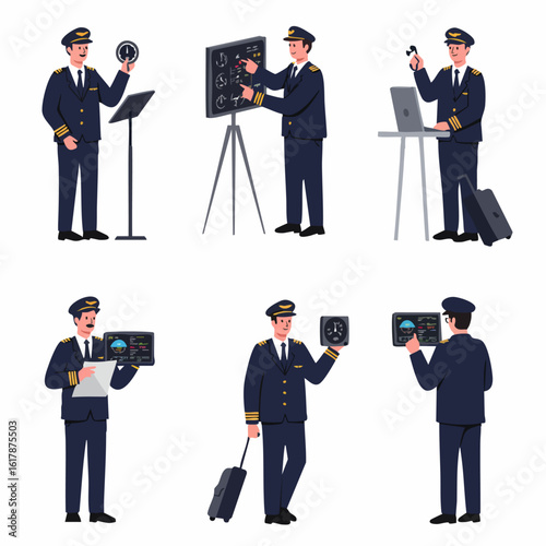 Various poses of professional airline pilots in uniform, demonstrating their daily tasks and interactions with aviation equipment.
